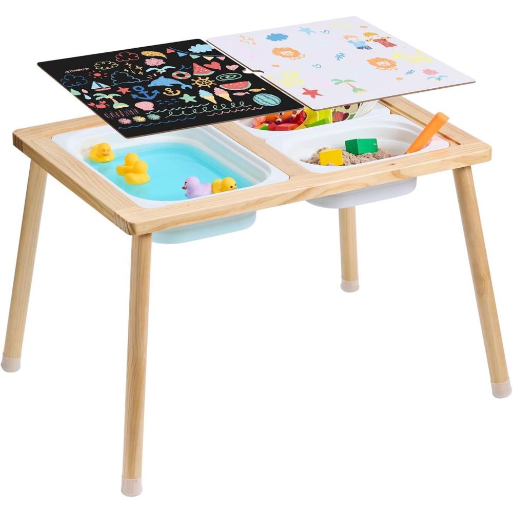image:imageVEVOR Sensory Table for Toddlers Kids Activity Table with 3 Foldable Storage Bins amp DoubleSided Board IndoorOutdoor Play Sand and Water Wooden Kids Sensory Table for Drawing Studying Dining