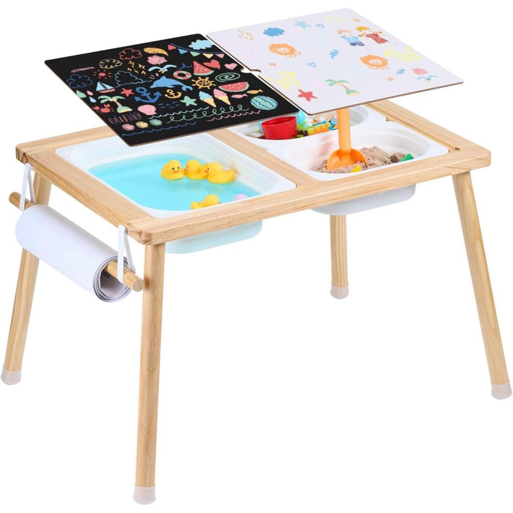 image:imageVEVOR Sensory Table for Toddlers Kids Activity Table with 3 Foldable Storage Bins amp Paper Roll Holder IndoorOutdoor Play Sand and Water Table Wooden Kids Sensory Drawing Table Gift for Boys Girls