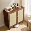 VEVOR Rattan Cabinet, Rattan Buffet Cabinet with 2 Magnetic Doors and Adjustable Shelves, Accent Sideboard Buffet with Wooden Legs & Power Cord Hole for Hallway, Entryway, Kitchen, Black(Brown)