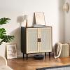 VEVOR Rattan Cabinet, Rattan Buffet Cabinet with 2 Magnetic Doors and Adjustable Shelves, Accent Sideboard Buffet with Wooden Legs & Power Cord Hole for Hallway, Entryway, Kitchen, Black(Black)