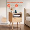 VEVOR Rattan Nightstand, Boho Bedside Table with Drawer Open Shelf, End Table Wooden Nightstand with Solid Wood Legs, Rattan Side Table with Charging Station, for Bedroom(1 Drawer with Open Shelf)