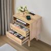 VEVOR Rattan Nightstand, Boho Bedside Table with Drawer Open Shelf, End Table Wooden Nightstand with Solid Wood Legs, Rattan Side Table with Charging Station, for Bedroom(2 Drawers With Open Shelf)