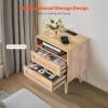 VEVOR Rattan Nightstand, Boho Bedside Table with Drawer Open Shelf, End Table Wooden Nightstand with Solid Wood Legs, Rattan Side Table with Charging Station, for Bedroom(2 Drawers With Open Shelf)