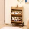 VEVOR Rattan Shoe Cabinet, Narrow Shoe Storage Organizer with 2 Flip Rattan Drawers & 1 Slide Drawer, Metal Legs, Slim Shoe Entryway Cabinet Ideal for Entryway, Closet, Hallway, Black(Light Wood Color)