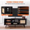 VEVOR Rattan TV Stand, Mid Century Modern TV Stand for 75 inch TV, Boho Rattan TV Cabinet with Build-in Socket and USB Ports, Adjustable Shelfs for Living Room, Media Room, Oak(Black)