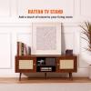 VEVOR Rattan TV Stand, Mid Century Modern TV Stand for 75 inch TV, Boho Rattan TV Cabinet with Build-in Socket and USB Ports, Adjustable Shelfs for Living Room, Media Room, Oak(Walnut)