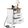 VEVOR Farmhouse Nightstand Set of 2, 18″ Wide Bedside Table with Charging Station, Rustic End Table with 2 Drawers, Storage Shelf, USB/Type-C Port, 6.5ft Cord, Bed Side Table for Bedroom,White & Brown(White)