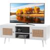 VEVOR Rattan TV Stand, Mid Century Modern TV Stand for 75 inch TV, Boho Rattan TV Cabinet with Build-in Socket and USB Ports, Adjustable Shelfs for Living Room, Media Room, Oak(White)
