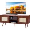 VEVOR Rattan TV Stand, Mid Century Modern TV Stand for 75 inch TV, Boho Rattan TV Cabinet with Build-in Socket and USB Ports, Adjustable Shelfs for Living Room, Media Room, Oak(Walnut)