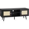VEVOR Rattan TV Stand, Mid Century Modern TV Stand for 75 inch TV, Boho Rattan TV Cabinet with Build-in Socket and USB Ports, Adjustable Shelfs for Living Room, Media Room, Oak(Black)