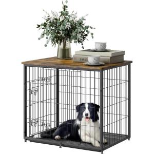 VEVOR 27″ Dog Crate Furniture With Double Doors, 2-in-1 Decorative Wooden Kennel End Table, Removable Tray, Holds up to 30 lbs for Small, Medium Dogs – Brown