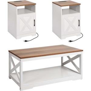 VEVOR 3 Pieces Farmhouse Coffee Table Sets, 40 Inch Industrial Coffee Table with 2 End Tables, Easy Assembly Coffee and Side Tables Sets with Charging Station, for Office, Living Room & Apartment(3 Pieces)