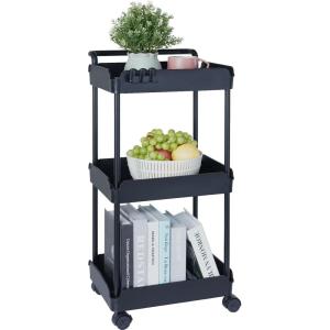 VEVOR 3-Tier Rolling Utility Cart with Handle, Multi-Functional Storage Trolley with Lockable Wheels, Utility Cart Kitchen/Under Desk Cart for Office, Living Room, Kitchen, Bedroom, Black
