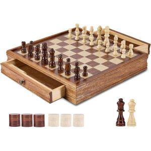 VEVOR 3-in-1 Chess Checkers Backgammon Table Set, 18 Inch Premium Wooden Chess Table, Deluxe Combo Game Table Furniture Set, Chess Set Board Game Gift for Family Board Games(Brown)
