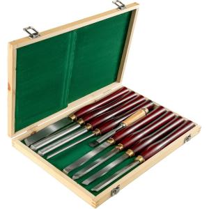 VEVOR 8-Piece Wood Lathe Chisel Kit, HSS Steel Blades, Woodworking Turning Tools with Wooden Storage Case, Ideal for Wood, Root, and Furniture Carving – Red