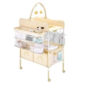 VEVOR Baby Changing Table, Foldable Diaper Change Station with 2 Fabric Drawers, Side Basket and Hanging Rod, Adjustable Height Changing Table with Lockable Wheels and 2 Star Toys, Light Gray(Beige)