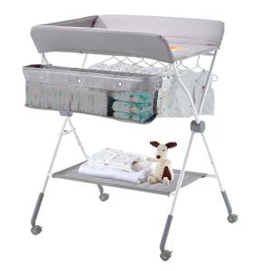 VEVOR Baby Changing Table, Foldable Diaper Change Station with Side Basket, Adjustable Height Changing Table with Lockable Wheels, Multi-Functional Nursery Storage Organizer, Gray(Gray)
