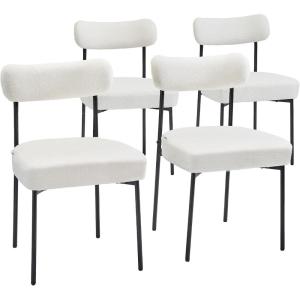 VEVOR Boucle Dining Chairs Set of 2, Mid Century Modern Sherpa Accent Chairs, Upholstered Side Chair for Dining Room, Space-Saving White Kitchen Chair with Curved Backrest and Black Metal Legs(Set of 4)