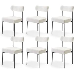 VEVOR Boucle Dining Chairs Set of 2, Mid Century Modern Sherpa Accent Chairs, Upholstered Side Chair for Dining Room, Space-Saving White Kitchen Chair with Curved Backrest and Black Metal Legs(Set of 6)