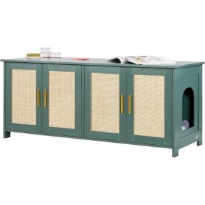 VEVOR Cat Litter Box Enclosure, 31 in Hidden Litter Box Cabinet with Shelf & Storage, Modern Style Indoor Cat Washroom, Wooden Kitty House Furniture End Table, Fit Most Litterboxes, Red & Green(Retro Green & Rattan Doors)