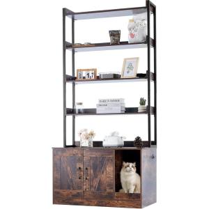 VEVOR Cat Litter Box Enclosure, Hidden Litter Box Furniture with 3 Storage Shelves, Wooden Cat Washroom Indoor, Large Cat House Cabinet Hidden Fit Most Litter Box, 33.5″L x 19.3″W x 58.7″H, Dark Brown(33.5″L x 19.3″W x 72.3″H-4 Shelves)