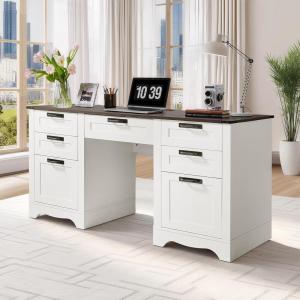 VEVOR Executive Desk, 63″ W x 31.5″ D Large Office Desk, Modern Computer Table Conference Meeting Room Table, Business Furniture Enlarged Desktop for Home Office, White and Gold(White)