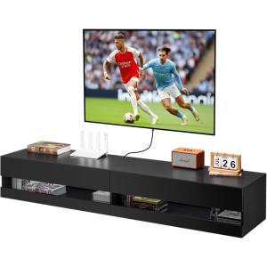 VEVOR Floating TV Stand, 71 in Wall Mount Entertainment Center with Power Outlet & LED Lights, Modern Floating TV Shelf with 2 Drawers & Storage Cabinet for DVD Player, Cable Box, Game Console, White(Black)