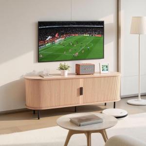 VEVOR Fluted TV Stand for TVs up to 65 inch, Mid-Century Modern Entertainment Center, Media Console with Storage Cabinet and Sliding Tambour Door, Boho Television Stand for Living Room, Bedroom, Oak(Natural)