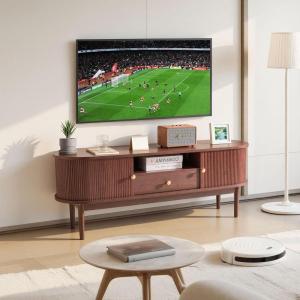 VEVOR Fluted TV Stand for TVs up to 65 inch, Mid-Century Modern Entertainment Center, Media Console with Storage Cabinet and Sliding Tambour Door, Boho Television Stand for Living Room, Bedroom, Oak(Brown With Drawer)