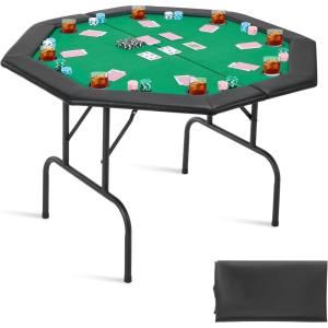 VEVOR Foldable Poker Table, 8 Player 48 in Folding Casino Leisure Table with Padded Rails & Cup Holders, Octagonal Portable Game Tables with Felt & Metal Legs, for Texas Hold’em Game and Blackjack(Black+green)