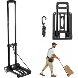 VEVOR Folding Hand Truck, 110 lbs Load Capacity, Collapsible Luggage Cart with 2 Wheels & 1 Elastic Rope, Utility Dolly Platform Cart for Airport Travel Furniture Luggage Office Moving, Black(110 lbs)