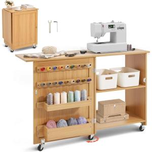 VEVOR Folding Sewing Table, Multipurpose Sewing Machine Table with Cabinet, Compact Design, Wheels, Wooden Pegs, Storage Trays and Shelf, Magnetic Door, Craft Station and Side Desk for Home, White(Brown w/o Cabinet)