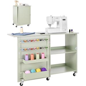 VEVOR Folding Sewing Table, Multipurpose Sewing Machine Table with Cabinet, Compact Design, Wheels, Wooden Pegs, Storage Trays and Shelf, Magnetic Door, Craft Station and Side Desk for Home, White(Green w/o Cabinet)