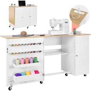VEVOR Folding Sewing Table, Multipurpose Sewing Machine Table with Cabinet, Compact Design, Wheels, Wooden Pegs, Storage Trays and Shelf, Magnetic Door, Craft Station and Side Desk for Home, White(Natural White W/ Cabinet)