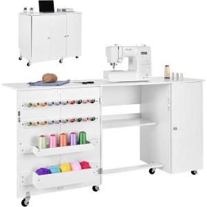 VEVOR Folding Sewing Table, Multipurpose Sewing Machine Table with Cabinet, Compact Design, Wheels, Wooden Pegs, Storage Trays and Shelf, Magnetic Door, Craft Station and Side Desk for Home, White(White W/ Cabinet)