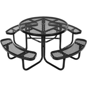 VEVOR Heavy-Duty Picnic Table, Outdoor Furniture Weather Resistant Patio Dining Set, Coated Steel Tables with Umbrella Hole, 46″ Round Table and Bench Set, for Garden, Backyard, Porch (Black)