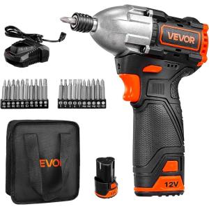 VEVOR Impact Driver, 1/4 Inch, 3000 RPM Max Speed, 12 V Brushless Motor, Electric Cordless Impact Driver Kit with Battery and Charger, 20 Bits, LED Work Light, for Furniture, Electrical, Home Repairs(120N.m – 3400BPM)