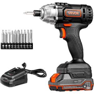 VEVOR Impact Driver, 1/4 Inch, 3000 RPM Max Speed, 12 V Brushless Motor, Electric Cordless Impact Driver Kit with Battery and Charger, 20 Bits, LED Work Light, for Furniture, Electrical, Home Repairs(180n.m – 2800bpm)
