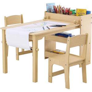 VEVOR Kids Art Table and 2 Chairs, 2-in-1 Toddler Craft and Play Activity Table, Wood Toddler Table and Chair Set with A Cabinet for Art, Craft, Reading, Learning(Natural)