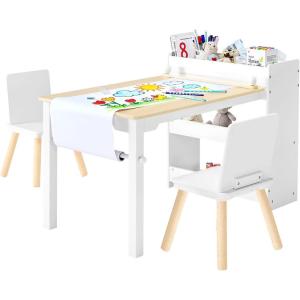 VEVOR Kids Art Table and Chair Set, Toddler Activity Table with Storage, Wood Kids Craft Desk with Paper Roll for Drawing, Reading, Writing, Kid Play Table for Nursery, Playroom, Classroom, White(White)