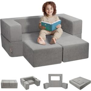 VEVOR Kids Couch, 4Pcs Toddler Couch Sofa Bed, Kids Chair Seat Playroom Furniture, Child Sectional Sofa with Removable Cover for Kids Girls & Boys, Dark Grey(Grey)