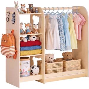 VEVOR Kids Dress Up Storage, with Mirror, Wooden Kids Dress Up Rack, Toddler Wardrobe Closet for Little Girls, Storage Armoire, Costume Organizer, Children Playroom Furniture, for Bedroom, Natural(Wood)