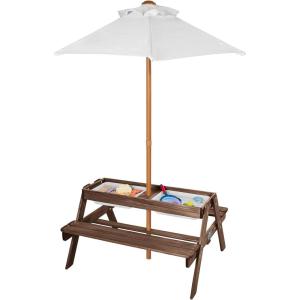 VEVOR Kids Picnic Table with Umbrella, 3-in-1 Sand & Water Table, Outdoor Wooden Table and Bench Set with 2 Trays, 4-People Patio Dining Furniture for Garden, Backyard and Porch (Walnut)