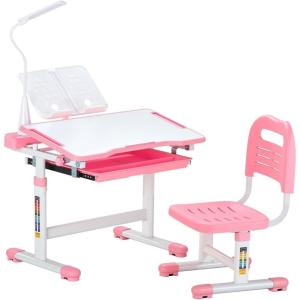 VEVOR Kids Study Chair and Desk Set, Study Desk and Chair for Kids with Bookshelf and Storage Drawer, Adjustable Height Kids Study Desk with Chair, Children Study Table for Bedroom & Study Room, Pink(Pink)