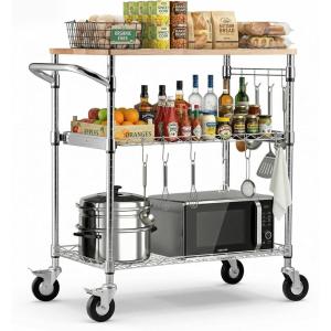 VEVOR Kitchen Utility Cart, 3 Tier Heavy Duty Adjustable Wire Storage Rack, Commercial Steel Rolling Service Trolley on Wheels, Work Table with Handle Bar, for Garage and Laundry Room, 40x25x40.9 in(18″d X 30″w X 36″h Table Top)