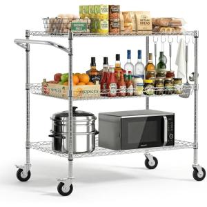 VEVOR Kitchen Utility Cart, 3 Tier Heavy Duty Adjustable Wire Storage Rack, Commercial Steel Rolling Service Trolley on Wheels, Work Table with Handle Bar, for Garage and Laundry Room, 40x25x40.9 in(25″d X 40″w X 40.9″h)