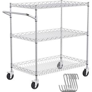 VEVOR Kitchen Utility Cart, 3 Tier Heavy Duty Adjustable Wire Storage Rack, Commercial Steel Rolling Service Trolley on Wheels, Work Table with Handle Bar, for Garage and Laundry Room, 40x25x40.9 in(18″d X 30″w X 32.4″h)