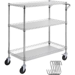 VEVOR Kitchen Utility Cart, 3 Tier Heavy Duty Adjustable Wire Storage Rack, Commercial Steel Rolling Service Trolley on Wheels, Work Table with Handle Bar, for Garage and Laundry Room, 40x25x40.9 in(18″d X 35″w X 40.9″h)