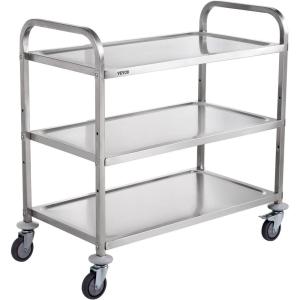 VEVOR Kitchen Utility Cart, 36.6″x20″x24″ 3 Tiers Wire Rolling Cart, 470LBS Capacity Steel Service Cart with Brake Wheels, Storage Trolley with 76mm Basket PP Liner 6 Hooks, for Indoor & Outdoor Use(Stainless Steel Trolley)