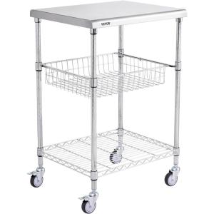 VEVOR Kitchen Utility Cart, 36.6″x20″x24″ 3 Tiers Wire Rolling Cart, 470LBS Capacity Steel Service Cart with Brake Wheels, Storage Trolley with 76mm Basket PP Liner 6 Hooks, for Indoor & Outdoor Use(Drawer Cart)